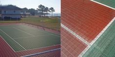 two tennis courts are shown in this composite image