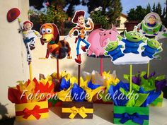 toy story birthday centerpieces on display in front of a house