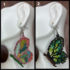 two pictures of the same pair of beaded earrings on a mannequin head