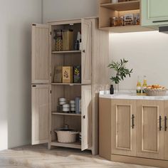 an open cabinet in the corner of a kitchen