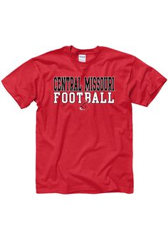 Show off your team pride in this Central Missouri Mules Red Equipped Football Short Sleeve T Shirt! This UCM Short Sleeve Tee features a screen printed Central Missouri football graphic. Make sure everyone knows you root for the Mules with this Red UCM T Shirt. Go Mules! Classic Fit, Tubular construction, Taped neck and shoulders, Quarter-turned to eliminate center crease, Unisex, Fit: True to Size, 100% Cotton University Red T-shirt With Team Name For Fans, University Red Short Sleeve T-shirt For Game Day, University Red Collegiate T-shirt For Fans, University Red Collegiate T-shirt With Letter Print, Red T-shirt For Football Season Fan Merchandise, Red Fan Apparel T-shirt For Sports Events, Red T-shirt For Football Season, Red Pre-shrunk T-shirt For Sports Season, Red Team Spirit Tops With Logo Print