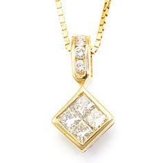 a yellow gold pendant with two square diamonds set in the center, on a chain