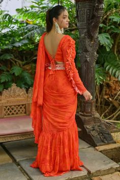 Orange layered draped saree with floral print. Paired with blouse and pearl embroidered belt. - Aza Fashions Draped Saree, Embroidered Belt, Drape Saree, Blouse For Women, Saree With Blouse, Printed Sarees, Aza Fashion, Full Sleeve, Blouses For Women