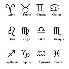 the zodiac signs and their meanings are shown in black ink on a white paper background