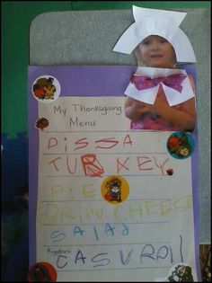 a child's pizza turkey themed birthday party menu is posted on a bulletin board