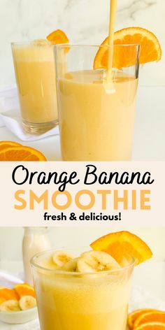 an orange banana smoothie in a glass next to two glasses with bananas and orange slices