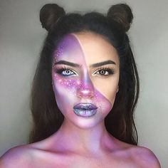 Alien Make-up, Fantasy Make-up, Halloween Make-up Looks, Alien Makeup, Look 80s, Galaxy Makeup, Face Art Makeup, Unicorn Makeup, Rave Makeup