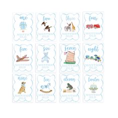 six stickers with different animals and words on them