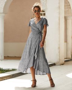 Wrap V Neck Beach Party Maxi Dress Summer Wrap Dress, Bohemian Midi Dress, Beach Floral, Tie Neck Dress, Short Sleeve Maxi Dresses, Boho Green, Dress Beach, Maxi Robes, Maxi Dresses Casual