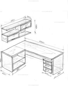 an architectural drawing of a desk with drawers