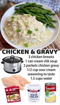 chicken and gravy recipe on a white plate with green beans, mashed potatoes