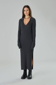 Introducing the Anita Polo Knit Maxi Dress. Crafted with comfort and style in mind, this dress is made with a soft and breathable knit fabric. With its versatile polo design and maxi length, this dress can easily take you from day to night. Elevate your wardrobe with this must-have piece. Cashmere blend polo ribbed knit maxi dress with long sleeves, v-neckline with collar, straight hem. Midi/Maxi length. The Anita Polo Knit Dark Gray Maxi Dress is a versatile and chic option for any wardrobe! It Wool Maxi Dress, Travel Pants Women, Maxi Dress With Long Sleeves, Polo Design, Travel Clothes Women, Knit Maxi Dress, Grey Maxi Dress, Travel Dress, Denim Accessories