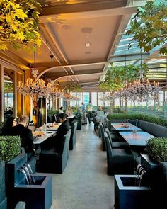 a restaurant with many tables and plants in the center, along with chandeliers hanging from the ceiling