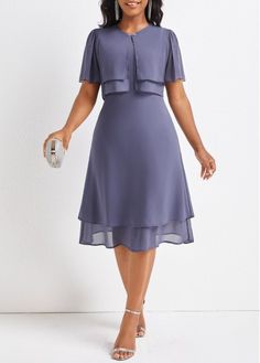 Color:Dusty Purple;Size:S;Size:M;Size:L;Size:XL;Size:XXL;Package Contents:1 X Dress;Occasion:Other;Style:Casual; Summer Knee-length Mother Of The Bride Dress, Half Skirt And Top, Dusty Purple Dress, Layered Short, Elegant Wedding Guest Dress, Round Neck Dress, Boutique Style Outfits, Flowy Design, Bridal Dress Fashion