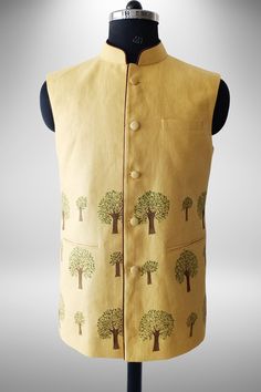 Musturd Yellow Hand painted Nehru jacket in pure linen fabric the motif is designed and painted by hand with very minute shading done.exclusive designer nehru jacket for your occassion to flaunt something new and very rare. jackets hand painted,rare designer nehru jackets,Christmas Jackets We can also customize the colour we can do any personilization and make any design as you want Sleeveless Embroidered Cotton Nehru Jacket, Nehru Jacket For Men, Christmas Jacket, Stitching Ideas, Indian Men, Coat For Men, Painted Jacket, Waist Coat, Nehru Jacket