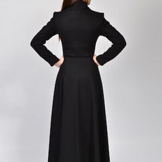 Formal Fitted A-line Wool Coat, Fitted Black Wool Coat For Evening, Formal Long Wool Coat For Spring, Evening Wool Long Coat For Fall, Evening Long Wool Coat For Fall, Fall Evening Long Wool Coat, Elegant Fitted A-line Wool Coat, Elegant A-line Wool Coat, Long Fall Wedding Outerwear