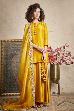 Buy Prisho Yellow Silk Organza Kurta Sharara Set Online | Aza Fashions Yellow Sharara Set, Latest Suit Designs, Yellow Sharara, Organza Kurta, Indian Dresses For Women, Sharara Designs, Kurta Sharara Set, Embroidery Border, Kurta Sharara