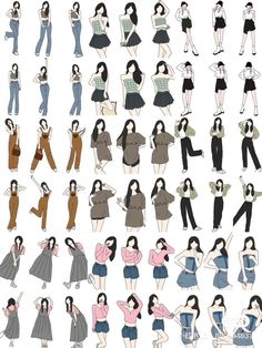 an image of women in different poses and clothes on the same page, each with their own drawing style