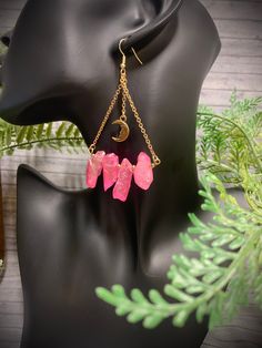 dangle earrings with pink quartz and metal gold moons Pink Dangle Chandelier Earrings As Gift, Pink Dangle Chandelier Earrings For Pierced Ears, Pink Crystal Earrings For Jewelry Making, Pink Metal Drop Earrings, Pink Metal Dangle Earrings, Pink Dangle Chandelier Earrings, Pink Metal Chandelier Dangle Earrings, Pink Metal Dangle Chandelier Earrings, Pink Crystal Dangle Earrings With Ear Wire