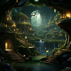 a fantasy scene with stairs leading to a waterfall