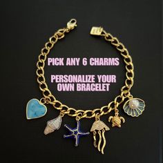 Customizable Charm Bracelet Gold*Ocean Charm Bracelet*Seashell Bracelet*Turtle Bracelet*Design Your Bracelet*Blue Heart*Color Charm Bracelet This beautiful piece features a blue theme with charms like starfish, turtles, and seashells. Whether you're a beach lover, a marine enthusiast, or simply drawn to the beauty of the ocean, this bracelet is a perfect accessory to express your love for the sea. Bee Unique ，Bee You ，Bee Happy！ Important Information to Read before Placing Your Order.  ❤HOW TO ORDER ❤ -You can just choose this bracelet as it listed which I love  so much -Or you can also pick any 6 charms to create your own bracelet. Please write the charms you want with the numbers. If you are choosing an initial, please add it after E10.For example: A8, A9, B3, B8,C2, E10(B). -l will sort Ocean-inspired Gold Bracelets For Gift, Handmade Ocean-inspired Gold Bracelets, Ocean-inspired Bracelet For Vacation, Handmade Ocean-inspired Gold Bracelet, Ocean-inspired Gold Bracelets For Gifts, Ocean-inspired Gold Bracelet For Gift, Ocean-inspired Shell Bracelets As Gift, Ocean-inspired Shell Bracelets For Gift, Ocean Charm Bracelet