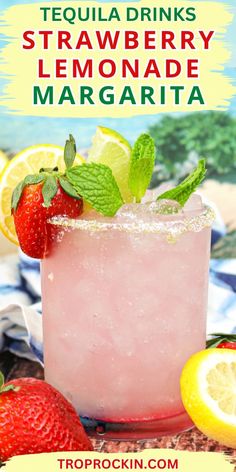 Tequila Drinks: Strawberry Lemonade Margarita with fresh fruit garnishes and a tropical background. Strawberry Lemonade Margarita, Drinks Made With Tequila, Lemonade Margarita, Tequila And Lemonade, Drinks Strawberry, Tequila Mixed Drinks, Tequila Drinks Recipes, Strawberry Margarita Recipe