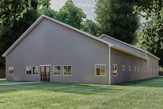 an artist's rendering of a two - story garage in the middle of a field