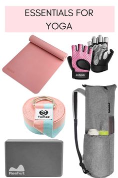 yoga gear and accessories with text overlay that says essentials for yoga