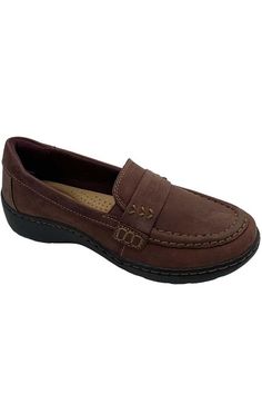 Style: Cora Ashley Slip-on style, leather, loafer design Molded Ultimate Comfort PU foam footbed Approximately 1-3/4"H heel Leather upper; manmade balance Brown Casual Flats With Arch Support, Comfortable Synthetic Loafers For Fall, Casual Brown Loafers With Arch Support, Fall Loafers With Ortholite Insole And Round Toe, Round Toe Loafers With Arch Support For Work, Round Toe Workwear Loafers With Arch Support, Casual Loafers With Leather Footbed, Medium Width, Casual Loafers With Leather Footbed, Workwear Loafers With Arch Support And Round Toe