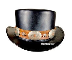 Leather Top Hat Conchos Band Style - Rocker Style Black Top Hat Handmade with 100% Cowhide Leather Biker Top Hat Gift for him New with Tags Description: * High-Quality Craftsmanship handmade * Real Leather * 100% pure leather **Those living in remote areas will have to pay $45 extra as shipping charges before the item is shipped. Sizing: Heads come in all sizes, and in a lots variety of shapes. Although high quality hats are adaptable, and will usually conform to differences in shape with a little wearing, it is essential that the size be correct for the head. To determine your hat size, measure the circumference around your head, keeping the tape level and firm, across the temples and above the eyebrow ridges. Check the size chart given below. For in-between measurements use the next size Western Black Leather Top Hat, Black High Crown Top Hat For Western-themed Events, Black Leather Western Top Hat, Black Leather Brimmed Top Hat, Black Leather Top Hat With Flat Brim, Black Leather Hat With High Crown, Black Leather Hat Bands For Rodeo, Leather High Crown Top Hat For Rodeo, Vintage Black Top Hat For Western-themed Events