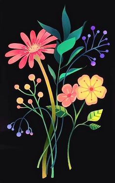 a painting of flowers on a black background