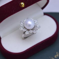 11-12mm Freshwater Pearl Cubic Zirconia Floral Ring - House Of Pearls Luxury Cluster Pearl Engagement Ring, Luxury Elegant Pearl Ring With Gemstone, Luxury Formal Pearl Ring With Halo Design, Luxury Classic Pearl Ring In Diamond White, Luxury Classic White Pearl Ring, Luxury Elegant Hallmarked Pearl Ring, Luxury Pearl Ring For Anniversary, Luxury Pearl Engagement Ring With Halo, Luxury Oval Pearl Ring As Gift