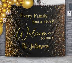 a black and gold welcome banner with balloons