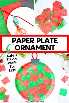 Red and green tissue paper squares, black construction paper, red pipe cleaner, glue stick, scissors, and paper plate with example of ornament craft. Christmas Paper Plate Crafts, Fun With Kids, Easy Ornaments, Paper Plate Crafts For Kids, December Crafts, Easy Holidays Crafts