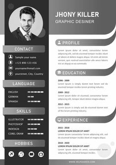 a professional resume template with gray and black accents, including an image of a man's face