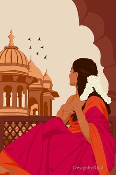 a woman in a pink sari sitting on a ledge looking out at the city