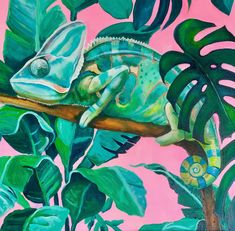 a painting of a chamelon on a branch with green leaves and pink background