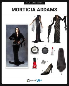 the costume guide for morticia adams is shown in black and features long hair, high heels