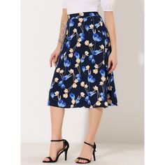 This chic, A-line midi skirt has a natural waist fit and a flared hem shaped by chiffon fabric. Hidden side zipper and pocket. Pair it with the matching top for a complete look. Easily teamed with a tucked-in blouse and high heels for a polished look. Gauzy woven fabric is dressed up with abstract white floral prints, shaping this whimsical skirt that falls from a natural waist into a twirly midi skirt creating a flattering, tailored fit. Blue Midi Length Pleated Skirt For Workwear, Floral Print Knee-length Skirt For Work, Floral Print Flared Skirt For Workwear, Knee-length Floral Print Skirt For Work, Workwear Floral Print Knee-length Skirt, Blue Flowy Midi Pleated Skirt, Blue Flowy Midi-length Pleated Skirt, Blue Midi-length Pleated Skirt, Blue Midi Length Pleated Skirt For Summer