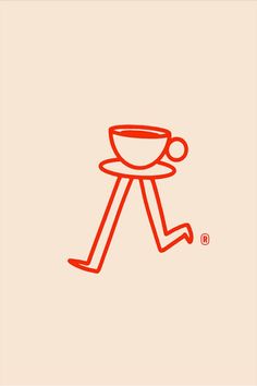 an orange line drawing of a coffee cup on top of a saucer with legs