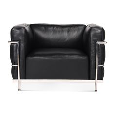 a black leather chair with chrome legs and armrests on an isolated white background