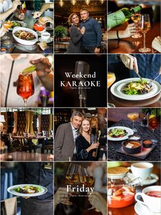 a collage of photos showing people enjoying different types of food and drinks on the table