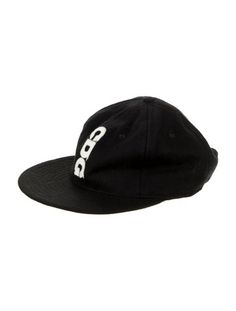 Black and white Comme des Garçons baseball hat with logo at front and adjustable strap at back w/ tags. Black Hat With Logo Print And Flat Brim, Adjustable Six-panel Hat With Logo Print, Sporty Logo Print Baseball Cap, Sporty Baseball Cap With Logo Print, Six-panel Logo Print Hat For Streetwear, Streetwear Six-panel Hat With Logo Print, Six-panel Streetwear Hats With Logo Print, Adjustable Flat Brim Baseball Cap With Logo Print, Adjustable Snapback Baseball Cap With Logo