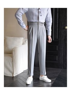 Wiaofellas Office Trouser Men Business Casual Pant Quality Metal Butto Ankle-length Business Casual Pants With Buttons, Semi-formal Long Pants For Fall, Business Casual Straight Pants With Buttons, Ankle-length Business Casual Dress Pants With Buttons, Ankle-length Dress Pants With Buttons For Business Casual, High-waisted Business Pants With Button Closure, Business High-waisted Pants With Button Closure, Business Casual Trousers With Buttons, Business Pants With Button Closure