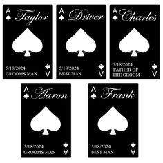 four playing cards with the names of each card in white and black, on a black background