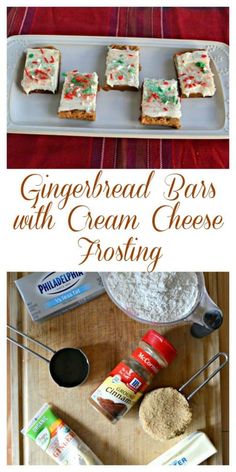 gingerbread bars with cream cheese frosting on a tray