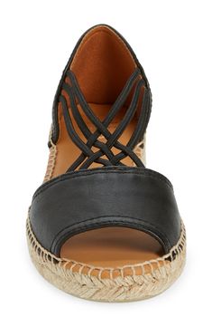 An espadrille sole brings earthy texture to an open-toe sandal with slender elasticized straps that weave together at the vamp. 1 1/2" heel; 1/2" platform (size 39) Leather upper and lining/jute and rubber sole Made in Spain Summer Leather Espadrilles With Textured Footbed, Vacation Wedge Heel Sandals With Rubber Sole, Vacation Wedge Sandals With Rubber Sole, Synthetic Closed Toe Espadrilles For Beach Season, Adjustable Closed Toe Wedge Sandals With Cushioned Footbed, Adjustable Cushioned Closed Toe Wedge Sandals, Adjustable Synthetic Espadrilles For Beach Season, Spring Sandals With Woven Sole And Medium Width, Beach Espadrilles With Cushioned Footbed And Open Toe