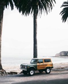 a green jeep parked on the side of a road next to palm trees and water