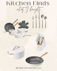 an advertisement for kitchen finds featuring pots, pans and utensils