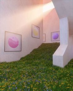 an art gallery with paintings on the wall and grass in the foreground, sunlight streaming through